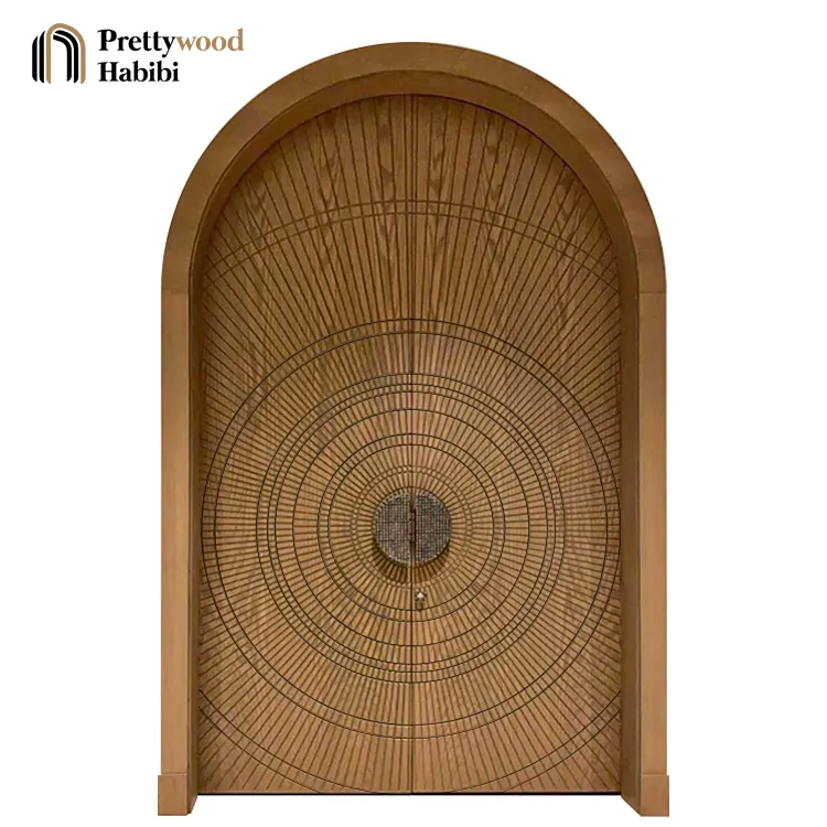 प्रीटवुड प्रीचुंग वाटरप्रूफ लक्जरी आधुनिक ज्यामिति सर्कल डिजाइन घरों के लिए डबल स्विंग ठोस लकड़ी का दरवाजा