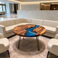 Table basse ronde en noyer massif avec bord naturel et résine époxy bleue, table d'appoint moderne de luxe en résine pour hall d'hôtel et salon