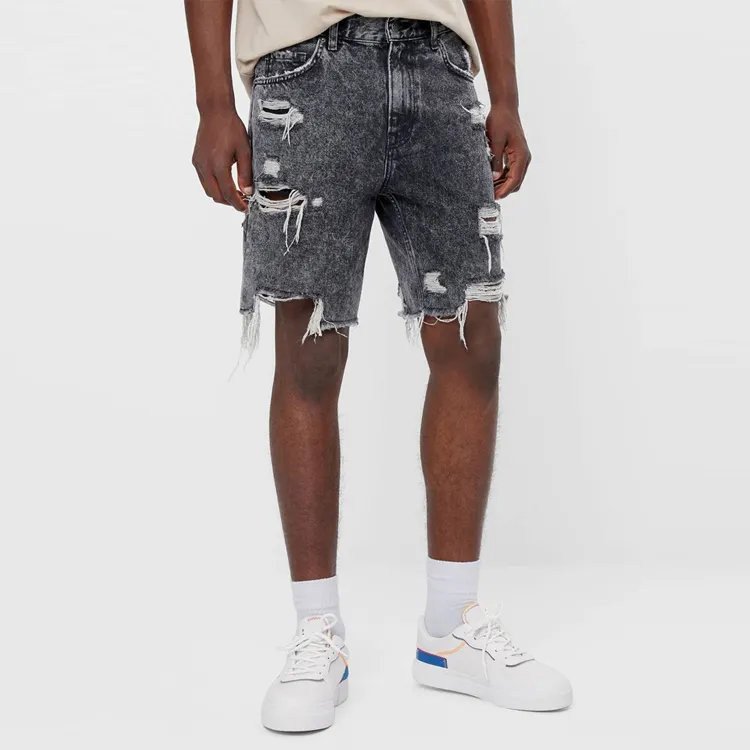 Vente en gros de shorts en jean pour hommes streetwear déchiré en jean bleu pour lavage de neige vêtements pour hommes en denim vintage avec logo personnalisé