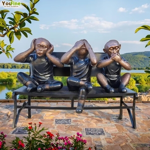 Tùy Chỉnh Kích Thước Vườn Ba Khôn Ngoan Điêu Khắc Bronze 3 Con Khỉ Trên Băng Ghế Dự Bị Bức Tượng - Product Image 1