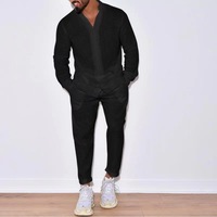 Vêtements d'automne pour hommes, ensemble deux pièces, pantalon et chemise en lin décontractés, ensemble 2 pièces