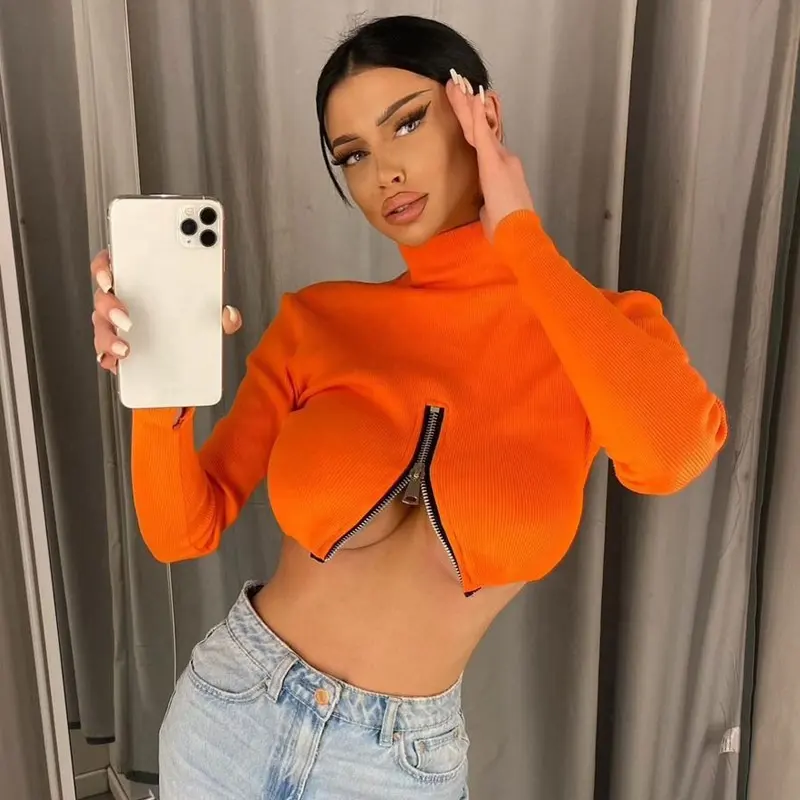 Anszktn Groothandel Kleding Mode Lange Mouw Oranje Hoge Hals Rits Blouse Crop Tops Voor Vrouwen