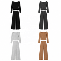 Vente en gros de vêtements pour femmes, ensemble deux pièces en tricot côtelé à manches longues et pantalon large, sur mesure ODM, pour l'automne et l'hiver
