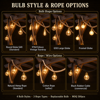 Guirnalda de Luces Solares con Cable de Cáñamo, IP44, 5-25M, Estilo de Bombilla Personalizable, Reemplazable, 3500K, Ra80, para Restaurante, Boda, Camping, OEM