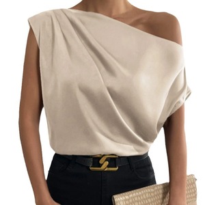 2026 Retro Breathable Solid Color <b>Satin</b> Simulated Silk One off Shoulder Sleeveless Pullover <b>Blouse</b> for Women - Product Image 1