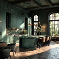 Armoires de cuisine sur mesure avec finition vert forêt, style classique et rangement îlot, fabriquées sur commande pour projets résidentiels