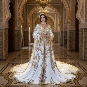 <b>White</b> Elegant Caftan Abaya Dress Gold <b>Beaded</b> Embroidery Flared Hem <b>Floor</b> Length V Neck Long Sleeve Loose Fit Formal Wedding Robe - Product Image 3