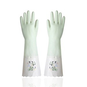 Guantes domésticos de PVC, guantes largos impermeables para limpieza, para lavar platos y ropa, con forro polar, patrón de color sólido - Product Image 1