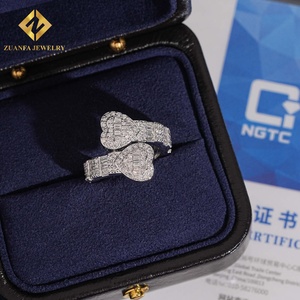 Bague Double Cœur Entièrement Pavée de Diamants de Laboratoire, Coupe Ronde et Baguette, en Argent S925, Bijoux Hip Hop Bling pour Hommes - Product Image 3