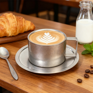 Juego de Tazas de Café de Metal Esmerilado Vintage de 180-280 ml, Tazas de Acero Inoxidable SS304 para Capuchino, <span class=keywords><strong>Espresso</strong></span> y Té con Plato y Cuchara - Product Image 2