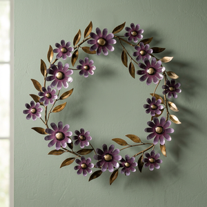 Corona Floral Rústica de Metal, Redonda, Hecha a Mano, Decorativa, con Flores, Arte de Pared sin Iluminación, Hojas Moradas y Doradas - Product Image 5