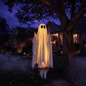 Hanging Swing Ghost Halloween Decoration 5ft Outdoor <b>Battery</b> <b>Operated</b> Lighted Ghost Decor Ready To Hang With Timer Feature - Product Image 2
