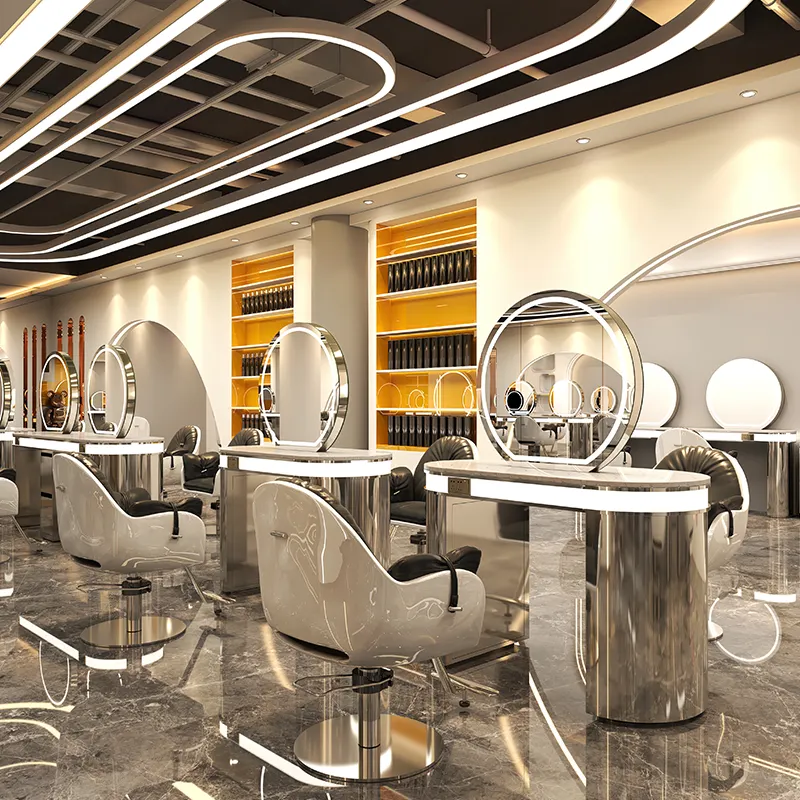 Modern Barbeiro Cabelo Dupla Face Styling Aço Inoxidável Design Beleza Estações Equipamentos Maquiagem Led Salon Station Com Espelho