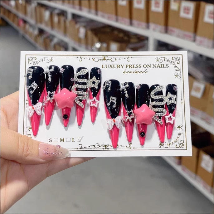 10 Piece Long Coffin Handcrafted False Nails Extensions Snake-Style 3D Design Silver Press on Type Artificial Fingernails