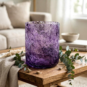 Purple <b>Crackle</b> Glass Heat Resistant Straight Cylinder <b>Candle</b> Holder Handmade Eco-Friendly Decorative Lantern for Home Decor - Product Image 1