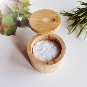 Bamboo and wood salt box with spoon, kitchen <b>spice</b> <b>jar</b>, magnetic rotating lid, solid wood seasoning box, household seasoning - Product Image 4