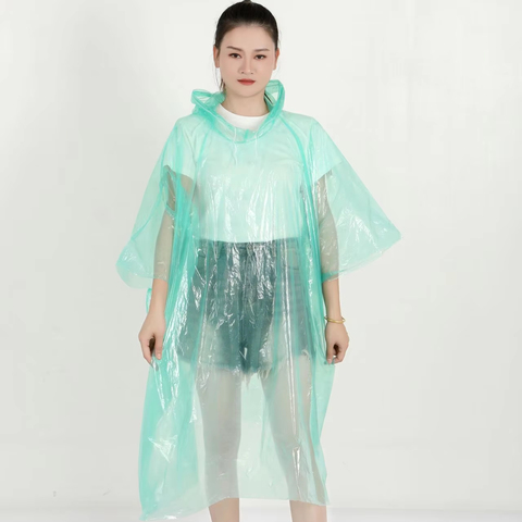 Women's Green PE Waterproof Disposable Raincoat Impermeable Single-Person for Poncho for Outdoor Tours Rainwear