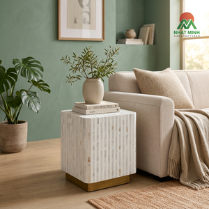 Mesa auxiliar cuadrada de estilo moderno con incrustaciones de nácar y base dorada – Muebles para sala de estar - Product Image 4