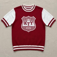 Pull en tricot personnalisé pour homme, rouge et blanc, à manches courtes, col rond côtelé, à rayures jacquard