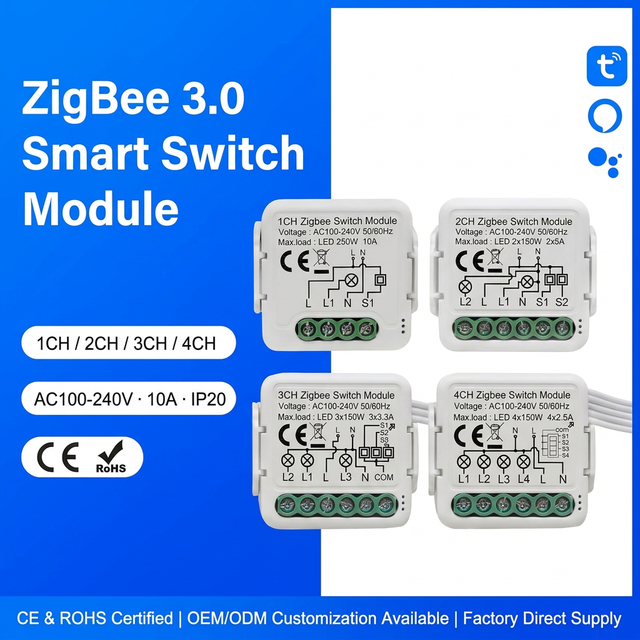 Mvava ZigBee 3.0 Smart Light Switch Module 1/2/3/4 Gang DIY Retrofit Breaker 10A No Hub Required Tuya App Voice Control CE ROHS