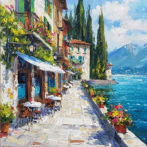 Peinture à l'huile <span class=keywords><strong>Bellagio</strong></span> Lac de <span class=keywords><strong>Como</strong></span>, paysage urbain, art impasto, paysage italien - Product Image 1