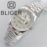 BLIGER Montre 31mm De Luxe Femmes Montre Automatique Bracelet Diamant Lunette Saphir Verre Blanc Mère Perle Cadran Étanche