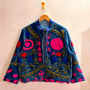 Luxury Artisan Blue <b>Velvet</b> Embroidered Suzani <b>Jacket</b> with Floral Pattern Full Sleeve Stand Collar Handmade Boho Winter Coat - Product Image 1