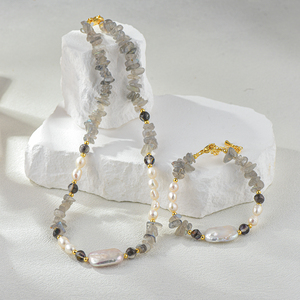Chic 18K Gold Plated Women's Trendy Geometric Stone Jewelry Set Freshwater Pearls Coral Beads-Necklace/<b>Bracelet</b> Casual Parties - Product Image 2