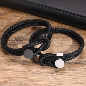 Wholesale Trendy Women's Stainless Steel Charm Bangles High End Jewelry Black <b>Leather</b> for Anniversary - Product Image 2