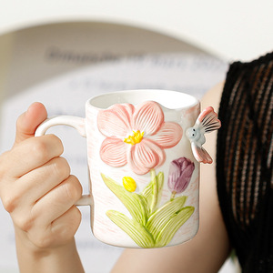 Hot Selling Embossed Flower and Butterfly Ceramic Mug Hand Painted Aesthetic Coffee Mug - Product Image 4