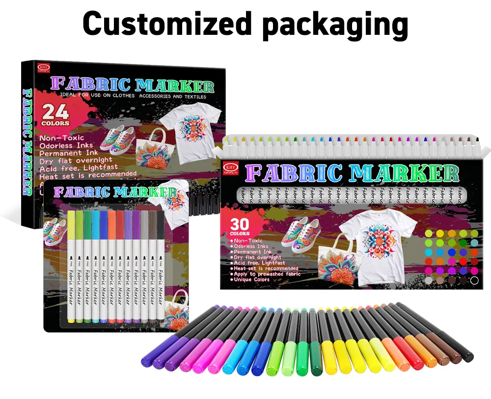 Khy Kh2800 Permanente 2Mm Pen Verf Groothandel Textiel Set 24 Gekleurde Kleur Voor Afdrukken Op T-Shirt Kinderen Kunst Stof Marker