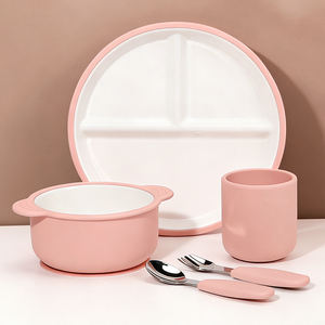 Juego de Vajilla de <span class=keywords><strong>Porcelana</strong></span> para Bebés al por Mayor, Cuchara y Tenedor para Niños, Platos y Tazones con Funda de Silicona, Novedad 2026 - Product Image 1