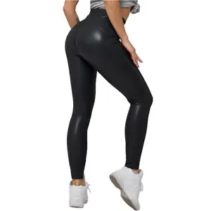 Legging Ketat Hitam Kulit untuk Wanita, Legging Kulit Kerut Yoga