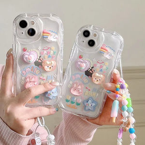 Pulsera de cordón lindo osito conejo colgante onda transparente funda de teléfono para iPhone 16 <span class=keywords><strong>Pro</strong></span> Max 15 14 Plus 13 12 11 7 8 <span class=keywords><strong>G</strong></span> - Product Image 1
