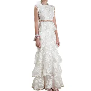 OEM Service Button Cake Design Fashion Dress Sleeveless Maxi Dress Lace Casual Dress Elegant