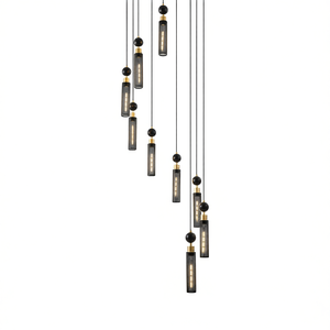 Lustre suspendu industriel moderne à 9 lumières en fer noir, abat-jour cylindriques en maille, luminaire de plafond réglable, 24 pouces - Product Image 1