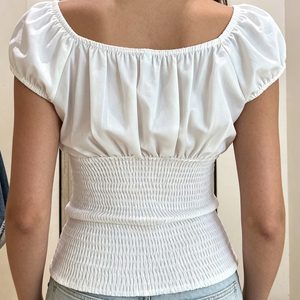 Sweet Girly Digital Printed Breathable Knit Smocked Embroidery Short Sleeve T-<b>Shirt</b> Summer Cute Stitch Shirred Top for Women - Product Image 4