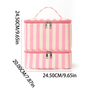 Sac de rangement à grande capacité, à double couche, rayé, en polyester, résistant à l'eau, écologique, avec fermeture éclair, poignée souple, trousse de toilette - Product Image 4