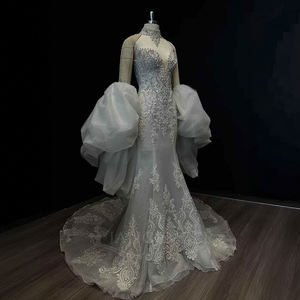 Robe de mariée sirène luxueuse et moderne NT01, richement ornée de perles, avec appliques florales en cristal et traîne chapelle - Product Image 2