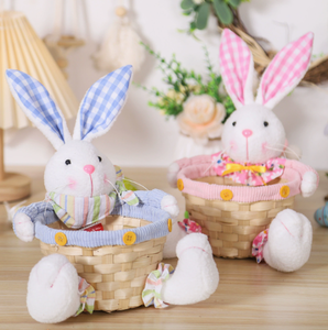 DAMAI Wholesale Easter Decor Cartoon Plaid Fabric Rabbit Doll Candy Woven Basket Creative Tabletop Decoration Centerpiece - Product Image 3