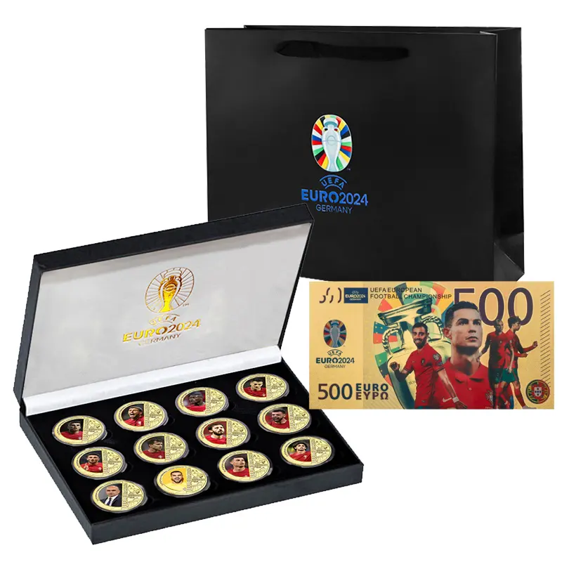 Cup الأوروبي طقم عملات من كوبا أمريكا لكرة القدم نجوم رياضيين أوراق نقدية للعملات المعدنية التذكارية مطلية بالذهب مع مجموعة صناديق هدايا