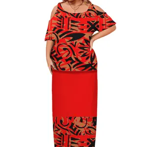 Big People High Quality Puletasi Dress Pacific Island Art Fashion O-Neck Off Should Tops And Maxi Skirts Two Piece