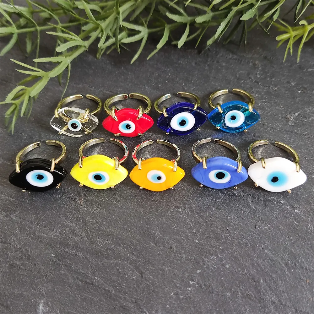 2023 último diseño joyería de moda anillo de cuentas esmaltadas de colores 18K chapado en oro turco ojos azules anillos ajustables para mujeres regalos