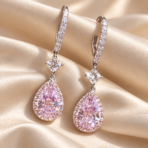 Orecchini con zirconi rosa a goccia per donna, gioielli alla moda a forma di pera, eleganti e scintillanti - Product Image 4