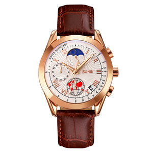 Montres-bracelets pour hommes de luxe Skmei 9236 étanches avec phase lunaire, bracelet en cuir, avec chronomètre - Product Image 1