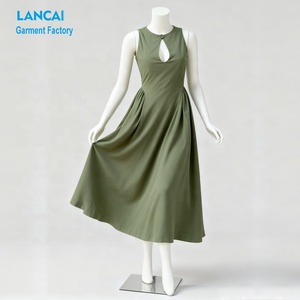 Produttore di Abbigliamento Personalizzato, Abito <span class=keywords><strong>Midi</strong></span> Plissettato Senza Maniche in <span class=keywords><strong>Cotone</strong></span> di Alta Qualità con Taglio a Linea A per Donne - Product Image 2