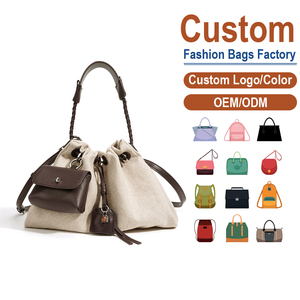 Linen & Leather <b>Drawstring</b> Bucket Bag with Mini <b>Pouch</b>, OEM/ODM Custom Factory, Women's Spring/Summer Crossbody Purse - Product Image 1