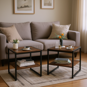 Set di 2 Tavolini Quadrati da 20 Pollici a 2 Livelli, Arredamento per Soggiorno, Design Industriale Moderno in Marrone Rustico - Product Image 2