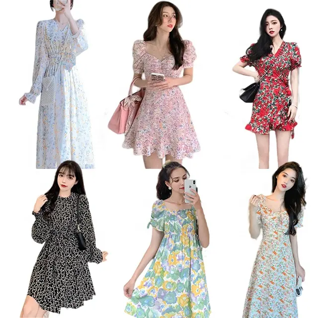 थोक सस्ते महिलाओं के फैशन विंटेज मीठा पार्टी समुद्र तट सुरुचिपूर्ण पक्ष महिलाओं कोरियाई पुष्प गर्मियों में आरामदायक पोशाक