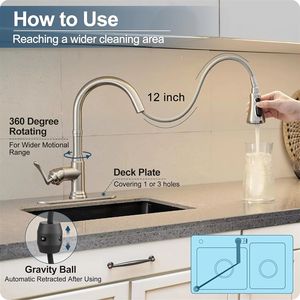 Robinet <span class=keywords><strong>de</strong></span> <span class=keywords><strong>cuisine</strong></span> <span class=keywords><strong>haut</strong></span> <span class=keywords><strong>de</strong></span> <span class=keywords><strong>gamme</strong></span> moderne américain en acier inoxydable brossé avec douchette extractible, à monobloc, à encastrer sur plan, avec noyau en céramique - Product Image 4